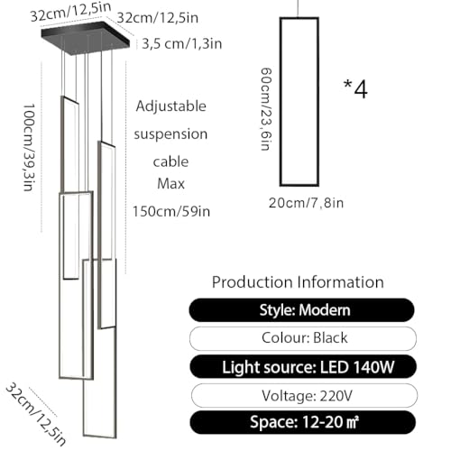 Suspension LED à intensité variable avec télécommande lustre 100W réglable noir mat - 2