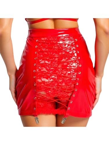Women's PVC Leather Mini Skirt High Waist Lace Bodycon Skirt Stretch Garter Belt Nightclub Wear2