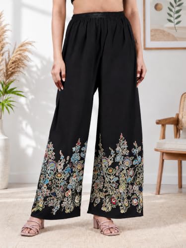 Image of Women's Rayon Bird Flower Print Loose fit Palazzos Pants Free Size 28 to 40
