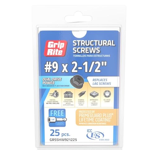 Grip-Rite GRSSHW921225 #9 x 2-1/2" Tornillo estructural con cabezal Hexagonal de doble accionamiento, 25 unidades miniatura 3