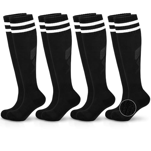 Hryrbay 4 Pairs Kids Cotton Soccer Socks Cushion Striped Baseball Uniform Boys World Cup Sock Toddler Girls Knee High Socks (Black 6-9 Years)