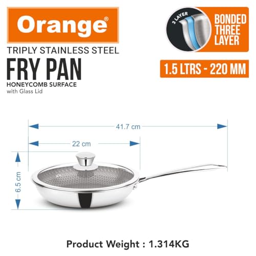 Image of Orange Triply Stainless Steel Honeycomb Fry Pan with Glass Lid 1.5L, 22cm | Scratch Resistant Non Stick Frying Pan with Long Handle | Gas top and Induction Bottom Friendly