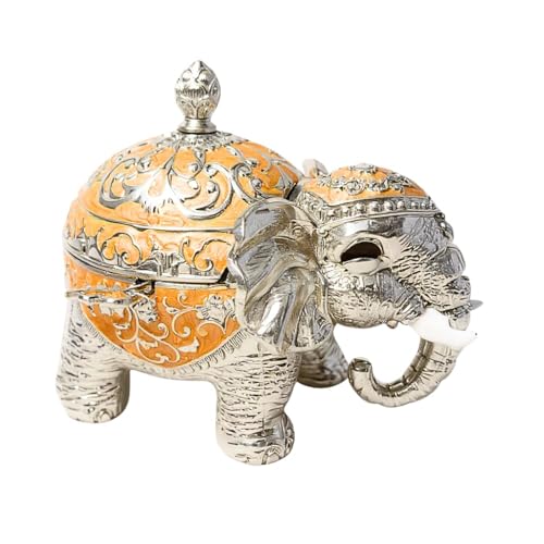 Image of Metal Elephant Shaped Decorative Storage Jar with Glass Bowl & Metal Spoon | Gold Finish and White Enamel Container for Dry Fruits, Mouth Freshener, Spices & Table Decor (Orange)