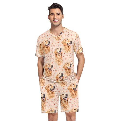 Men's Pajama Set Golden Retriever Dog Hearts Short Sleeve with Shorts Pockets Sleepwear Set Summer Loungewear