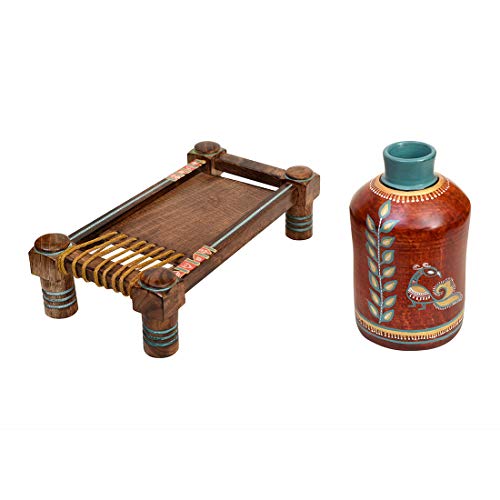 Image of Aakriti Art Creations Rustic Red Madhubani Vase with Ethnic Charpai Stand Handmade Terracotta Flower Vase with Wooden Chowki Base, Floral Design, Brown & Red Matte Finish for Living Room Decor