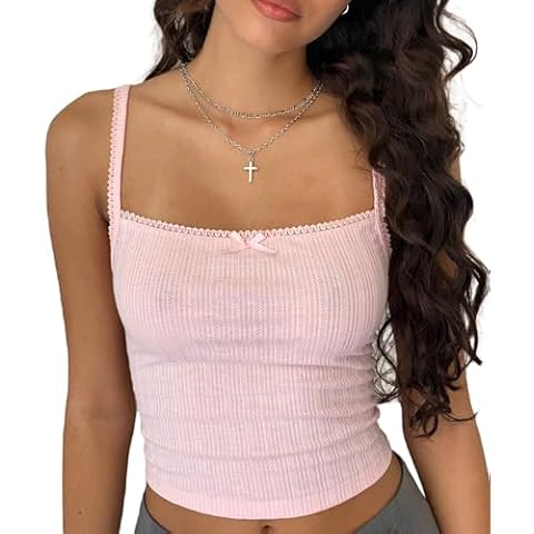 RUEWEY Women's Y2k Lace Trim Bow Front Slim Fit Crop Tops Vintage Spaghetti Strap Camisole Tank Tops (Pink, M) Cover