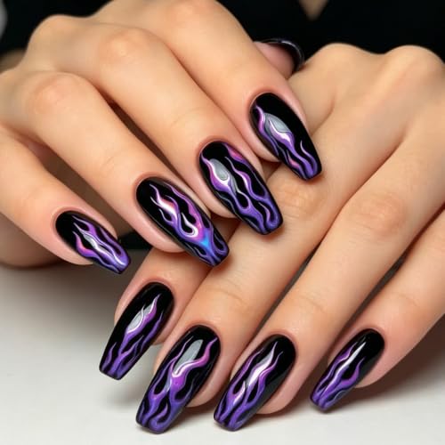 Punk 24PCS Black Purple Flame Press on Nails for Women Medium Ballet Glossy Fake Nail Acrylic Full Cover Stick on Nails Manicure Decoration Reusable False Nail Kit Gift image 5