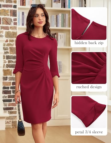 Image of GRACE KARIN Work Dresses for Women 3 /4 Sleeve Sheath Business Dress | Elegant Ruched Bodycon,Crew Neck,Pencil Midi Knee-Length,Cocktail,Church,Semi Formal Cocktail ,Professional Office