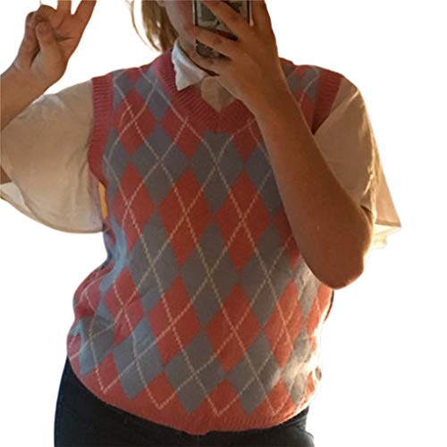 Women Streetwear Preppy Style Knitwear Sleeveless Tank Top V Neck Argyle Plaid Knitted Sweater Vest4