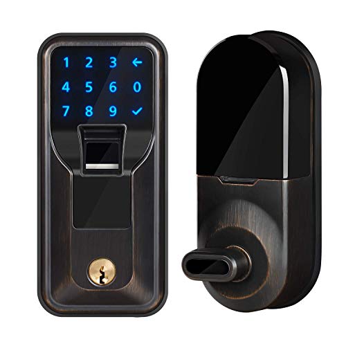 iMagic Electronic Fingerprint Deadbolt, Keypad Entry Door Lock, 5-9/16 in, Zinc Construction, Aged Bronze Finish, LED Touch Screen Keypad Lock w/Alarm, One-Touch Locking w/Keys, 1 Kit (IM010101)