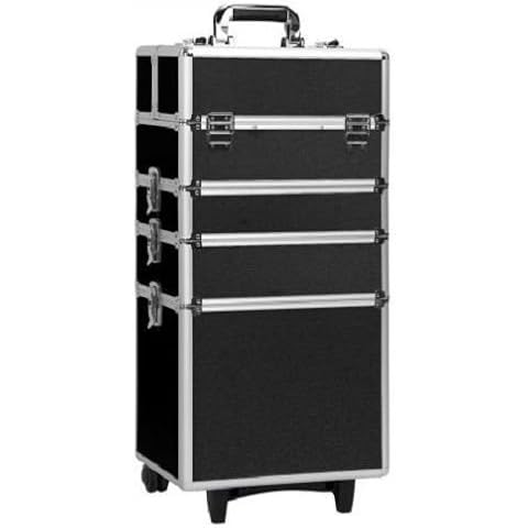 Shyneer Professional Makeup Train Case, 4 in 1 Cosmetology Case on Wheels Aluminum Beauty Travel Case Rolling Cosmetic Organizers & Storage Black Cover
