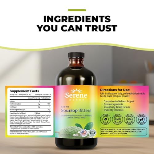 Image of Serene Herbs Soursop Bitters Liquid with Soursop Leaves for Gut Cleanse, Detox & Immune Boost with Black Seed, Moringa, Irish Moss, Ashwaganda, Turmeric, 16 fl oz (16 Fl, Soursop) (Pack of 2)