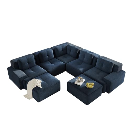 Image of 116.1 inch Modular Sectional Boneless Sofa with 5-Seater, V-Shaped Corner Deep Seat Sofa for Living Room, Big Comfy Cloud Couch with 2 Movable Ottomans, Corduroy Fabric, No Assembly, Blue