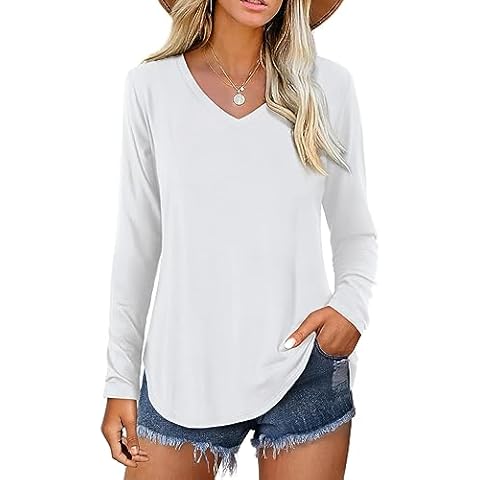 Amoretu Womens V Neck T Shirts Solid Long Sleeve Tops Basic Tees White L Cover