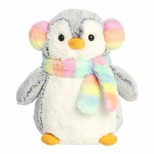 Aurora® Festive Pompom Penguin™ Pompom Muffs & Scarf™ Stuffed Animal - Vibrant Companions for Warm Cuddles - Perfect for Holiday Decorations or Gifts - Rainbow 9 Inches