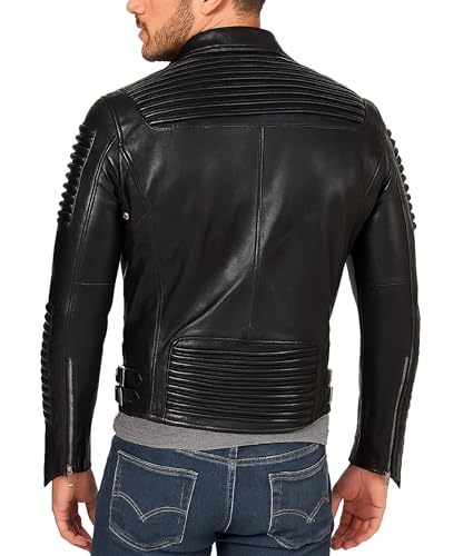 Mens Punk Rock Brando Biker Studded Multi Zipper Belted Quilted Motorcycle Black Leather Jacket2