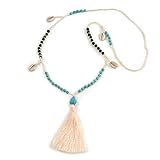 Tamaño del collar: ópera. Avalaya - Collar Largo con Borla de algodón con Cuentas de Cristal de Color Blanco y Turquesa, Concha de mar, Semillas de árbol de imitación, 90 cm de Largo, Borla de 12 cm de Largo