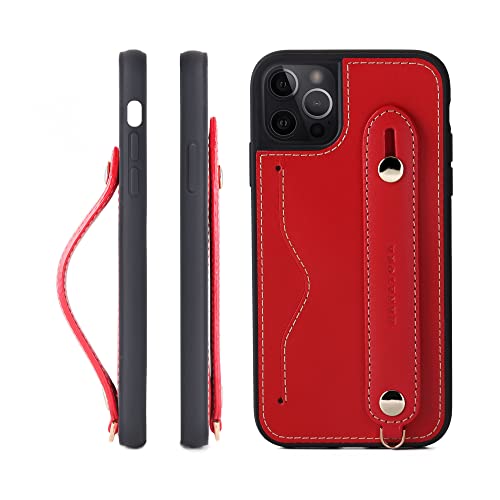 iPhone 14 Pro ケース 本革 グリップケース レザー ストラップ付属 イタリア製牛革 ヌメ革 片手操作 カード収納 スタンド機能 メンズ レディース レッド CGH-14Pro-Red