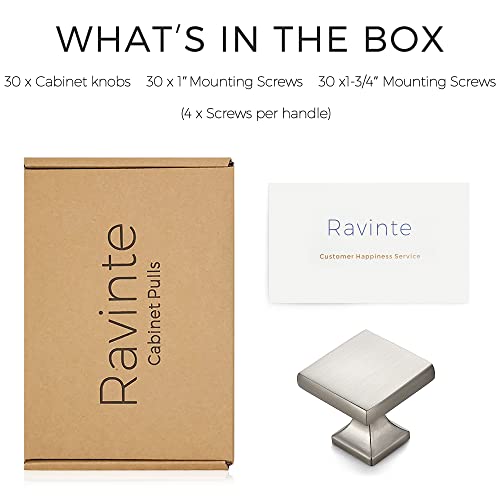 Image of Ravinte Cabinet Knobs Brushed Nickel Square Knobs, Drawer Knobs, 30 Pack | Single Hole, Solid Metal, Easy Install, Screws Included, Rust-Resistant, For Cabinets, Drawers, Dressers