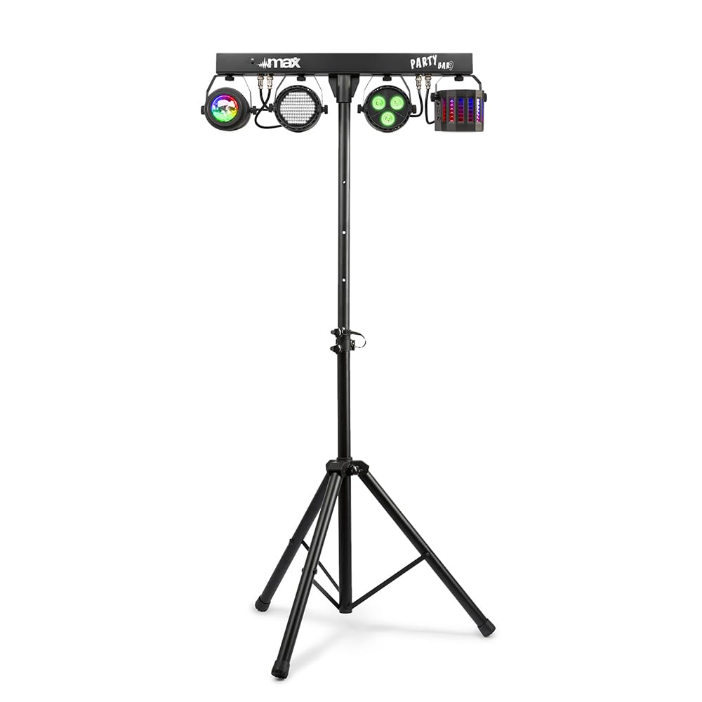 MAX Partybar09: Set di luci LED per feste con barra a T e supporto, 4 effetti di luce, RGBW Color Mixing, DMX 3 o 15 canali, controllo del suono con sensibilità regolabile