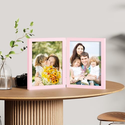 decorUhome Double 8X10 Picture Frame Vertical, Engineered Wood Bifold Photo Frame with Plexiglass for Tabletop Display, 8X10, Pink