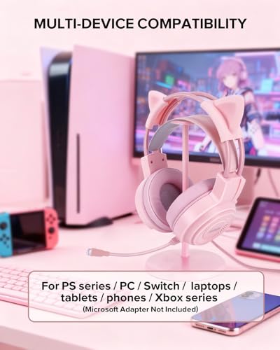 Image of Upgraded Pink Gaming Headset for PS4, PS5, Xbox One, PC, Switch, Laptop, Mobile - Cat Ears, Noise-Canceling Mic, 7.1 Surround Sound, LED Light, Soft Memory Earmuffs for Ultimate Comfort