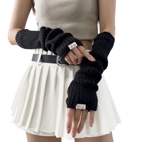 Japanischer Winter Damen Gestrickte Armstulpen - Warme Long Fingerlose Handschuhe mit Daumenloch, Y2K-Gothic-Punk-Hip-Hop-Pulswärmer