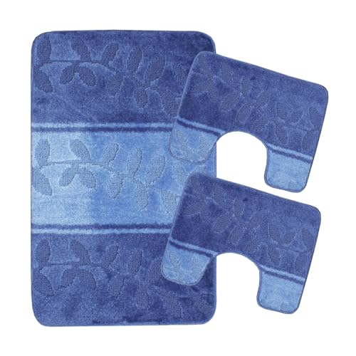 SaRani Tappeti Bagno Morbido Soffice Asciugapasso per Doccia Bidet Water Fiori Antiscivolo Gomma (Azzurro, Tris)
