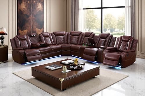 Image of Power Recliner Sectional Sofa Set with LED, Breathing Leather Reclining Sectional Corner Couch & Chair, L-Shaped Home Theater Seating with Charging /Storage for Living Room