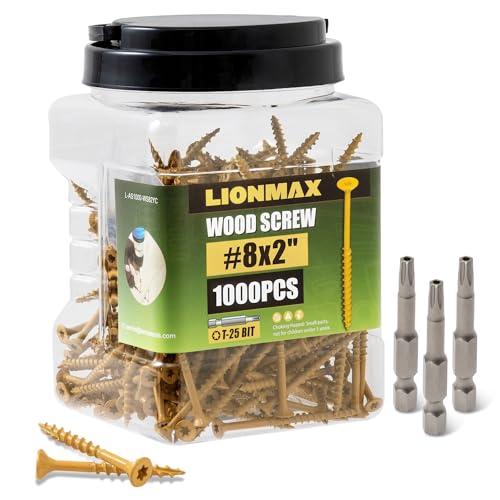 Image of LIONMAX Deck Screws 2 Inch, Wood Screws #8 x 2, 1000 PCS, Rust Resistant, Exterior Epoxy Coated, Outdoor Decking Screws, Torx /Star Drive Head Screw, T25 Star Bit Included, Tan
