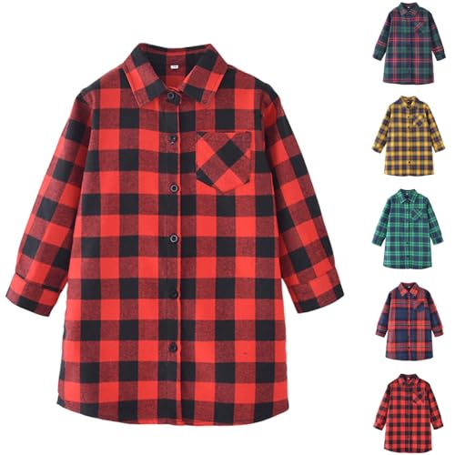 Girls Long Sleeve Flannel Shirt Kids Plaid Button Down Flannel Shirt Casual Cute Plaid Blouse Tops 2-13 Years