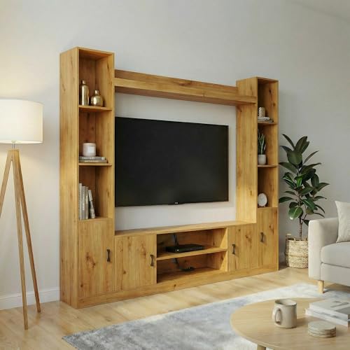 Image of Raywud Elavora Engineering Wood Floor Standing TV Entertainment Unit Set | TV Cabinet with Shelves for Books & Decor Display Unit Bed Living Room | Ideal for TV Unit Upto 55 inch | DIY Assembly (Gold Oak)