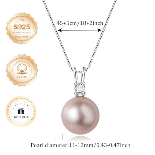 Cultured 11-12MM Round Pink Purple Blue Grey Golden Tahitian Black Pearl Necklace for Women, S925 Sterling Silver 18K Gold Plated, Single Pearl Pendant Necklace4