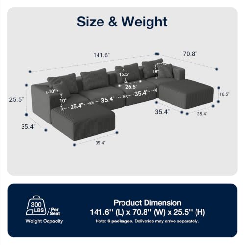 Image of Avenco 141-inch U-Shaped Modular Sectional Couch Sofa with 2 Ottomans