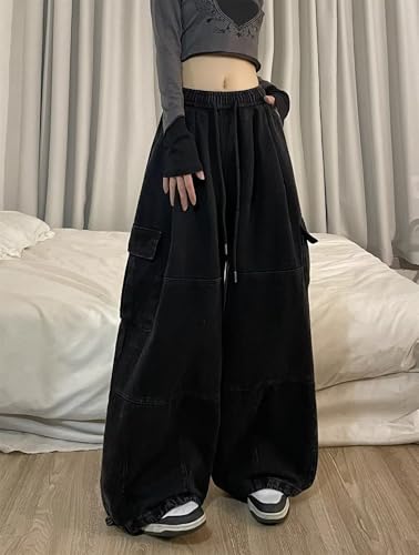 Cargo Pants for Women Baggy Heavyweight Pant High Waisted Wide Leg Drawstring Trousers Y2K Streetwear with Pockets4