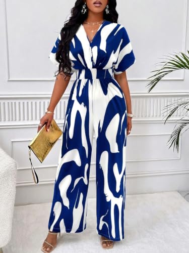 Image of PerZeal Women's V-Neck Short Sleeve Printed Jumpsuit with Pockets - Casual Wide Leg One-Piece Romper for Summer（S-XXL）