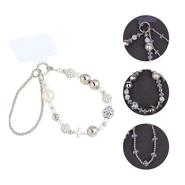Phone Wrist Strap with Crystal Beads and Pearl Design, Mobile Chain Charm, Decorative Keychain Bracelet for Women-image-26