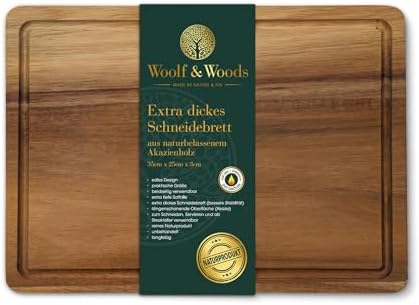 Woolf & Woods | Schneidebrett Holz | extra dick | reines Naturprodukt aus Akazie | nachhaltig | unbehandelt | Küchenbrett & Servierplatte | 35cm x 25cm x 3cm