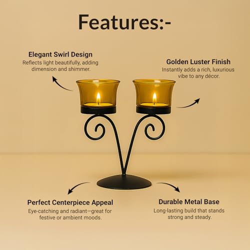 Image of MARKET 99 Metal+Glass 2 Votive T- Light Holder | Elegant Home Decor for Diwali, Christmas, Birthday, and Wedding | Decorative Candle Holder for Ideal for Festive & Ambient Lighting | Black & Golden