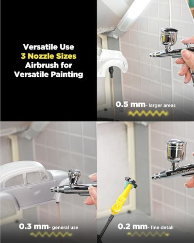 InoKraft Airbrush Kit with Air Compressor- 1/6 HP Quiet Air Compressor, Gravity Airbrush with 3 Tips 0.2, 0.3 & 0.5 mm- Hose, Holder, How-To Guide- Airbrush Paint Set for Model Painting gift 4 Colors