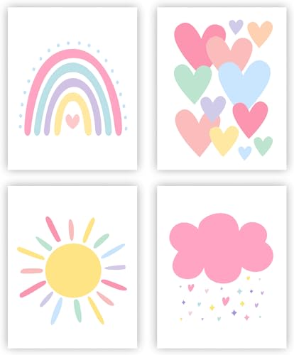 Image of NIIORE Nursery Wall Art Decor, Boho Rainbow Sun Hearts Wall Art Prints, Inspirational Poster for Nursery Baby Kids Room Girls Room Decoration, Set of 4(8 x10 Inch, Unframed)