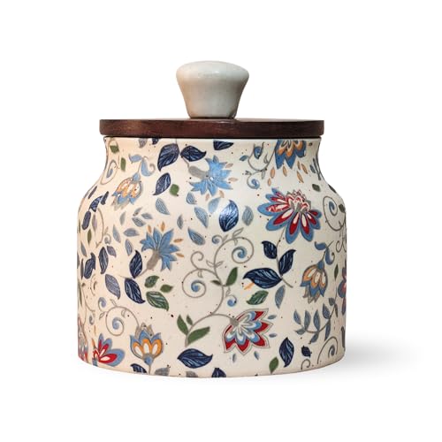 Image of Vistas 'Blue Bloom' Airtight 380ml Set of 2 Ceramic Jar for Kitchen Storage | Handcrafted Ceramic Barni with Wooden Lid | Multipurpose Pickle, Spice & Salt Container