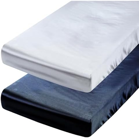 Satin Crib Sheet Set 2 Pack Ultra Soft Silk 28x52 for Standard Crib and Toddler Mattress Protect for Baby Hair and Skin, Grey & Navy Cover