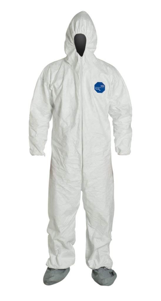 Tyvek 400 Coverall, Respirator Fit Hood, Elastic Wrists, Attached Skid-Resistant Boots, Elastic Waist, Serged Seams, White, 7XL
