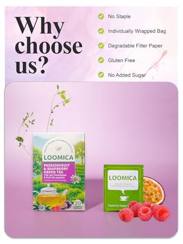 Image of LOOMICA Passionfruit Raspberry Green Tea, Fruity Sweet-Tart Blend of Passion Fruit & Raspberry and Green Tea, Refreshing & Tropical, Hot or Iced, Antioxidant-Rich, No Artificial Sugar, 20 Counts (Pack of 2)