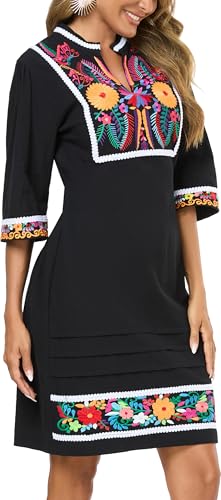 Women's Boho Dress Summer Dresses Peasant Spring Floral Embroidered V Neck 3/4 Sleeves Fromal Party Dress3