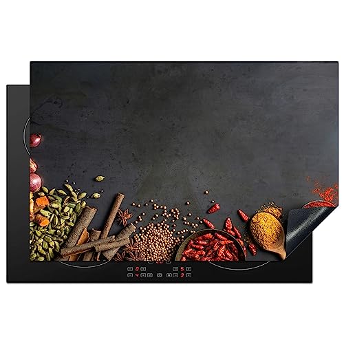 KitchenYeah© Herdabdeckplatte Einteilig Ceranfeld Abdeckplatte Küche Deko Ceranfeldabdeckung Herdabdeckung Induktionsmatte Kräuter - Beton - Lebensmittel - Gewürze - Schwarz - Paprika - 80x52 cm