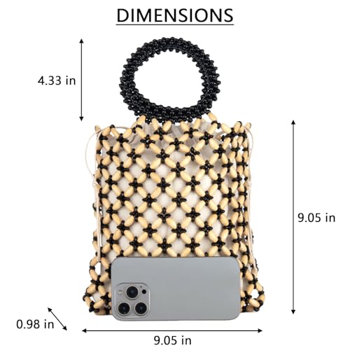 Image of YYW Unique Handmade Wooden Bead Tote Bag for Women, Small Handwoven Clutch Purses Woven Bucket Handbag and Drawstring Handbag