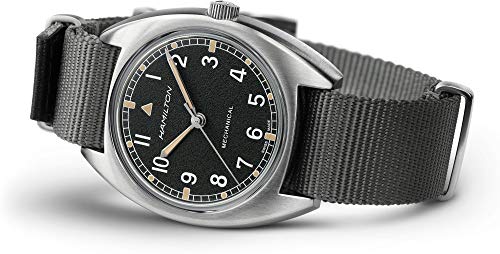 Image of Hamilton Khaki Aviation Pilot Mechanical Men's Watch, 36mm x 33mm Stainless Steel Case, Swiss Made, Black Dial Analog Wrist Watch for Men, 100m Waterproof, Mineral Crystal, Textile Strap