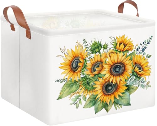 Image of Rectangle Books Storage Basket,Gift Basket Empty with Handles,Cute Organizer Storage Bin,Room Decor(Sunflower)